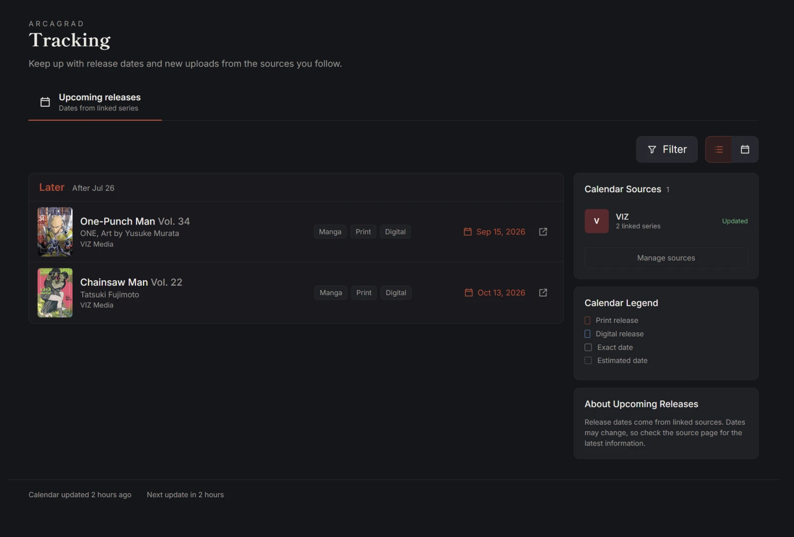 Arcagrad tracking page listing upcoming volume releases with print and digital dates