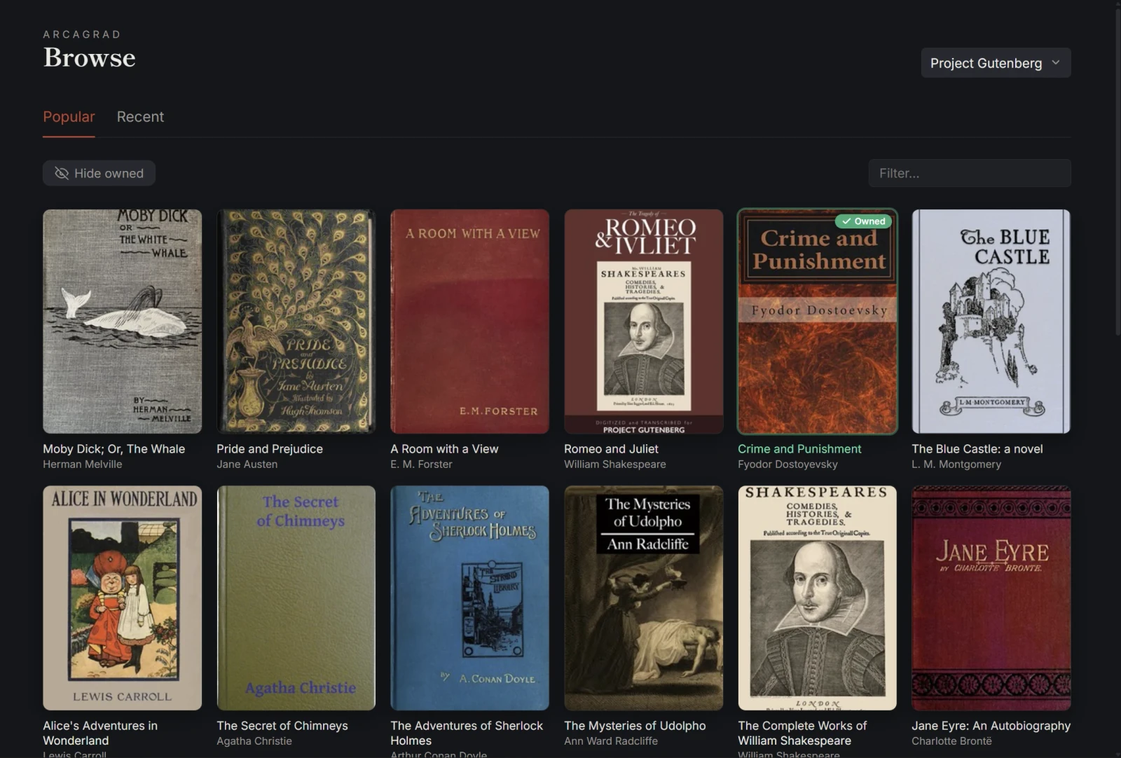 Arcagrad browse page showing a plugin source’s catalog of classic book covers