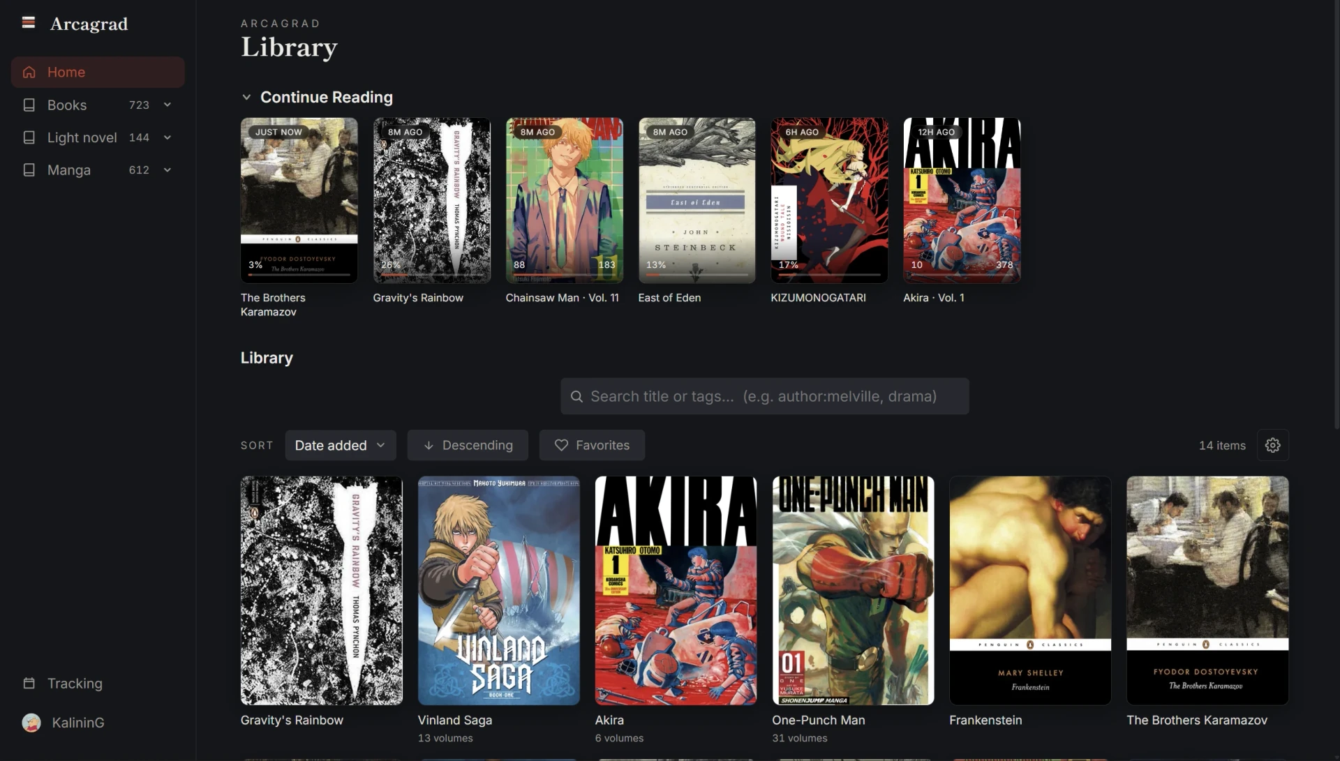 Arcagrad library home — sidebar, a continue-reading shelf, and a grid of covers