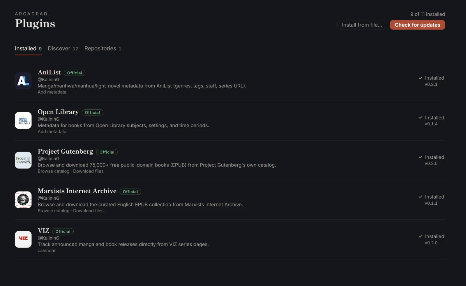 Arcagrad plugins page — installed source plugins with versions and capabilities