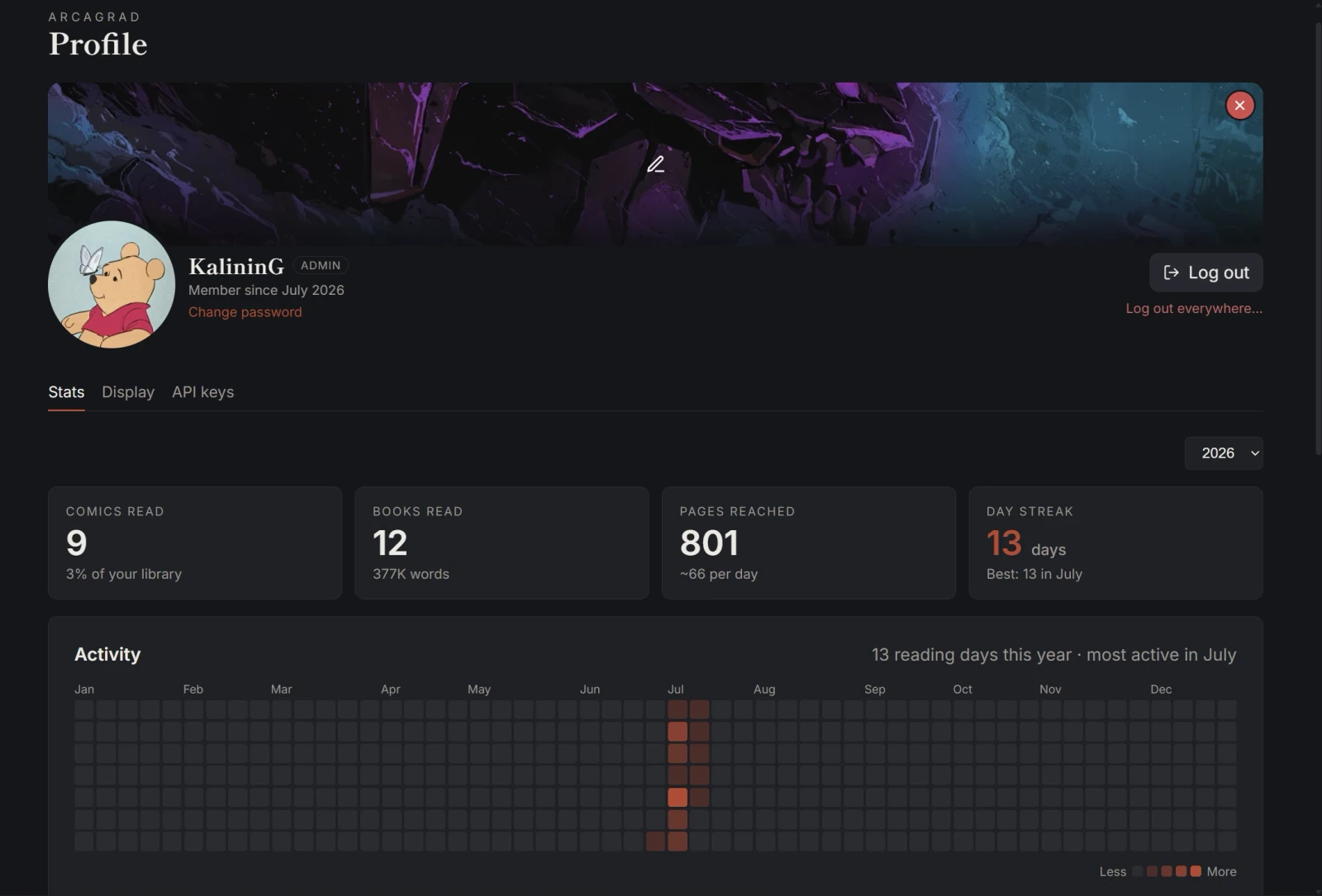 Arcagrad profile page with a custom banner, avatar, reading stat cards, and an activity heatmap