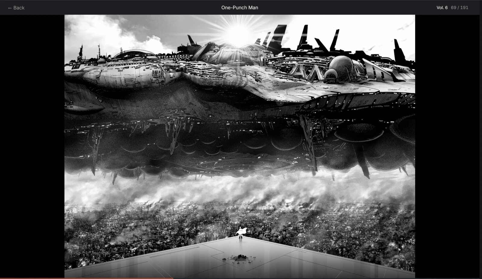 Arcagrad reader showing a wide double-page comic spread